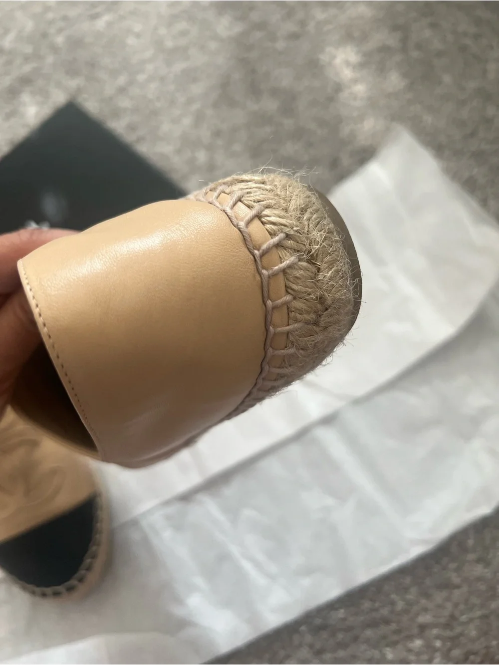 CHANEL Women's Beige and Black Leather Espadrille Flats